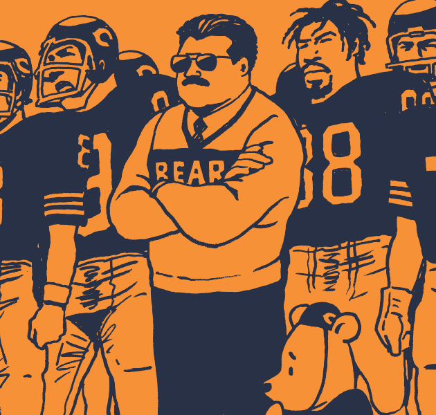 Coach Ditka, Bears players, and Pooh Bear