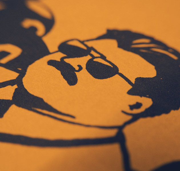 close-up on navy-and-orange drawing of Coach Ditka