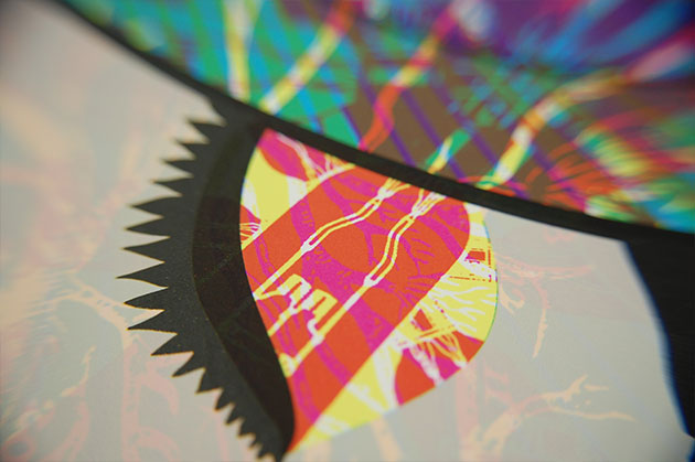 close up on eyelid of colorful Umphrey's McGee Baker Prints silkscreen poster