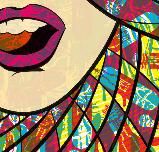 close up on face and hair of colorful Umphrey's McGee Baker Prints silkscreen poster