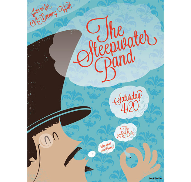 A silkscreen gig poster featuring an illustration of a retro-cartoonish gentleman with a very large top hat, monocle, and goatee smoking a "hand-rolled cigarette". The background has low-contrast Victorian patterned wallpaper askew. In the progressively-larger clouds of smoke emanating from the cigarette is the text with gig information.