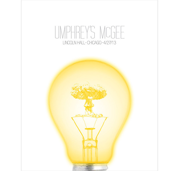 lightbulb with automatic blast mushroom cloud going off inside, silkscreen poster art by Baker Prints