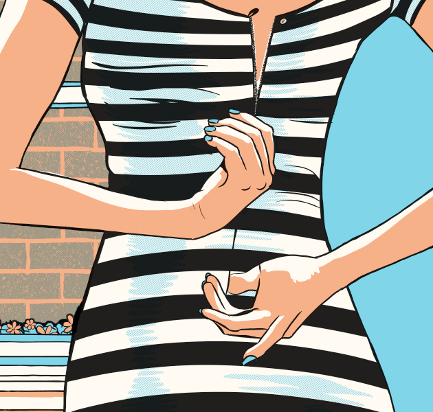 lean woman zipping up striped dress
