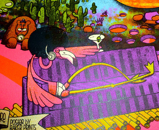close up detail of a funky flamingo wearing just briefs underwear, sporting an afro, listening to headphones, and enjoying a martini while relaxed on a purple striped couch