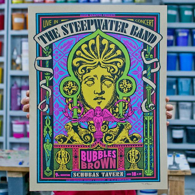 The Steepwater Band live at Schubas in Chicago silkscreen gig poster September 2016 by Kyle Baker, Baker Prints